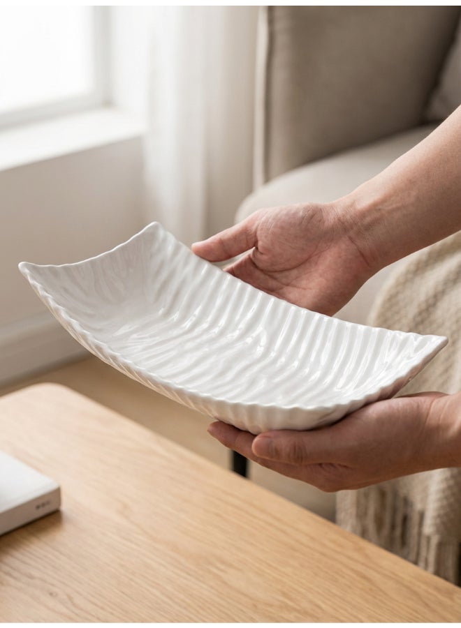 Noon East Ceramic Platter for Décorative arrangementLength- 36 cm | Shiny White Color | Folded Silhouette Design | Size -36x18.5x8 cm | Perfect for decorativing your living room, Ideal for decorating coffee table, dinning table, console table or any office or living space - Image 3